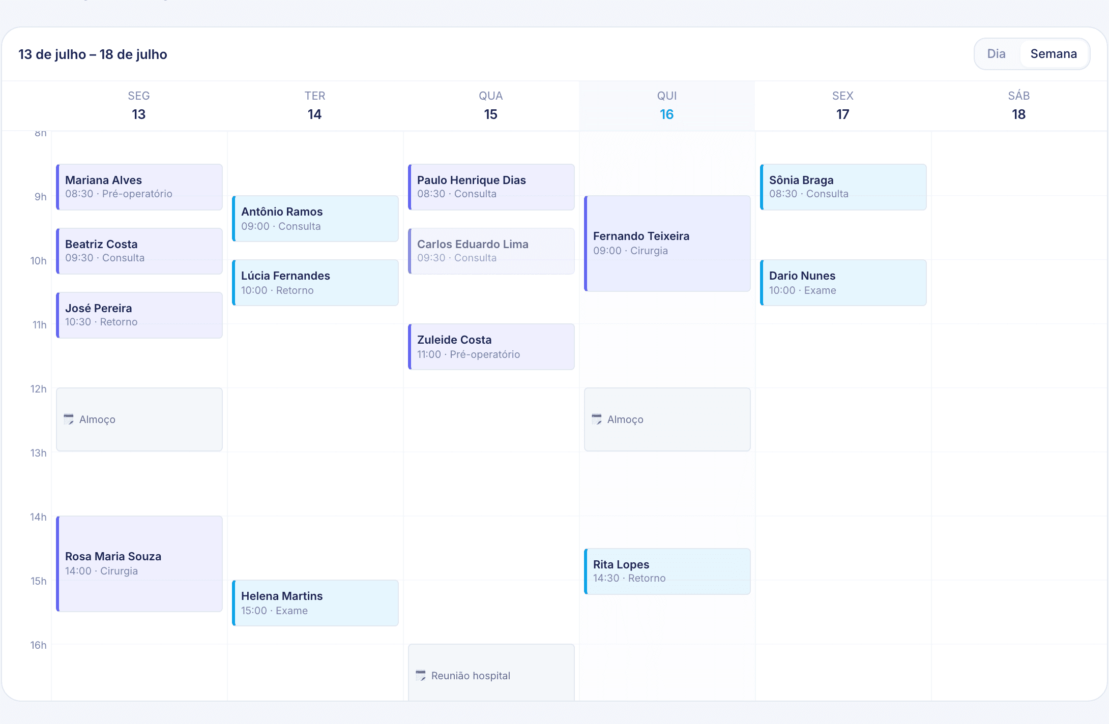 Agenda semanal do ewia com consultas, retornos e cirurgias organizados