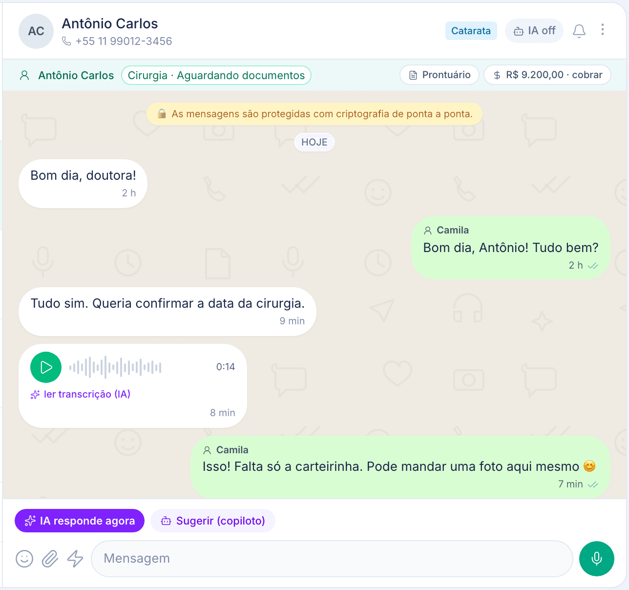 Conversa de WhatsApp no ewia com IA lendo a carteirinha do convênio