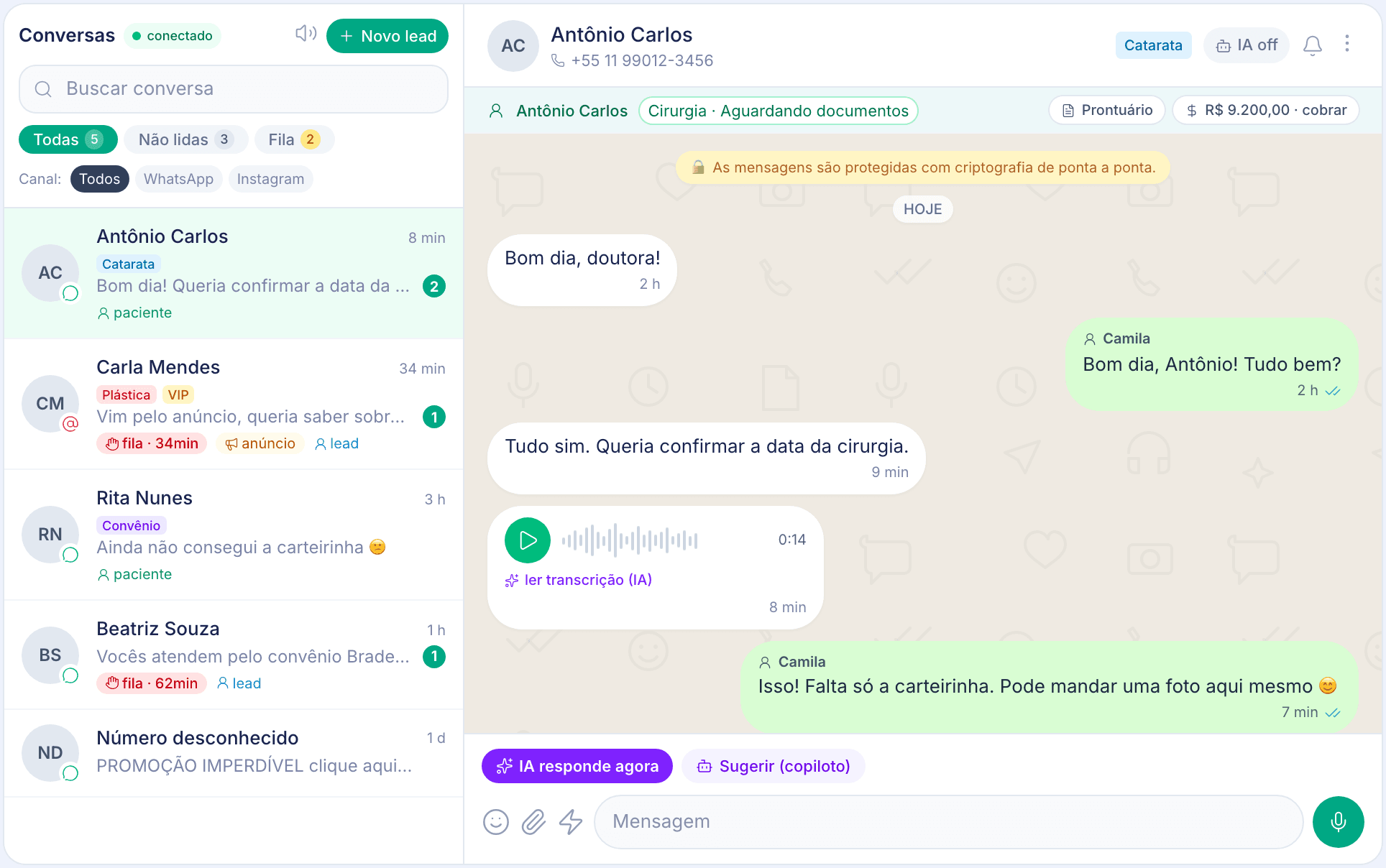 Central de conversas do ewia: WhatsApp e Instagram com IA respondendo e lendo documentos