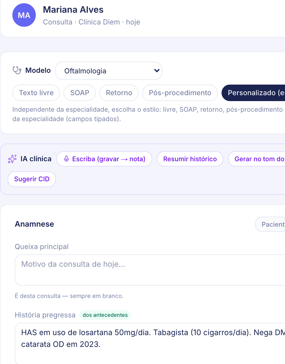 Prontuário do ewia com IA clínica, modelos por especialidade e CID sugerido