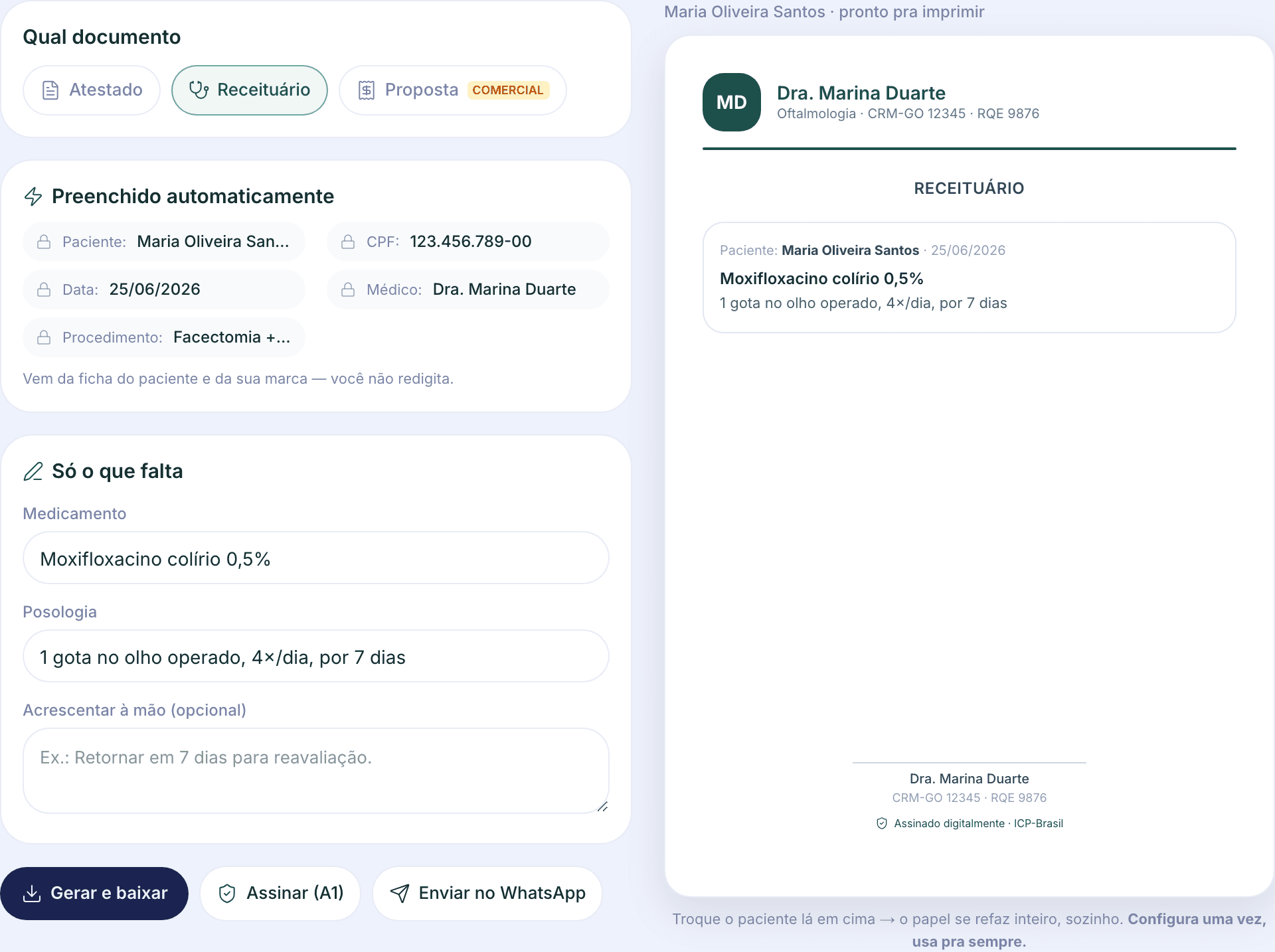 Receituário do ewia preenchido automaticamente, com assinatura digital ICP-Brasil e envio por WhatsApp
